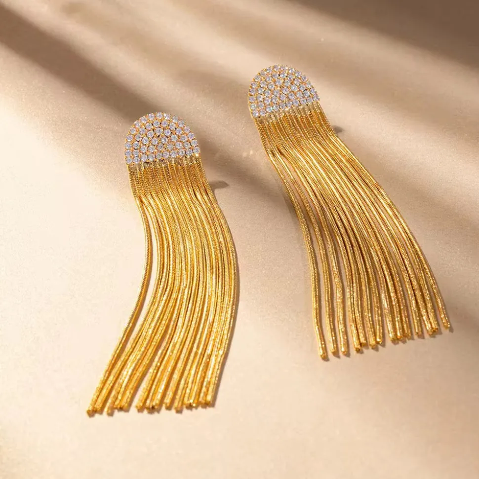 Diamond Long Chain Tassel in 18K Gold-Plating with Cubic Zirconia