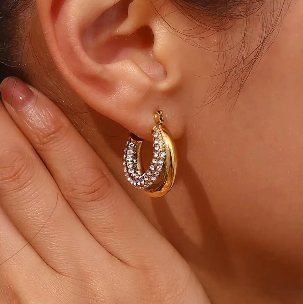 Double Layer Hoops in 18K Gold-Plating with Cubic Zirconia