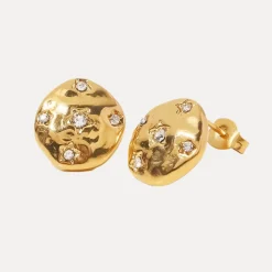 Hammered Coin in 18K Gold-Plating with Cubic Zirconia