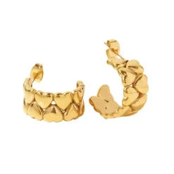 Heart Embossed Medium Wide Hoops in 18K Gold Plating