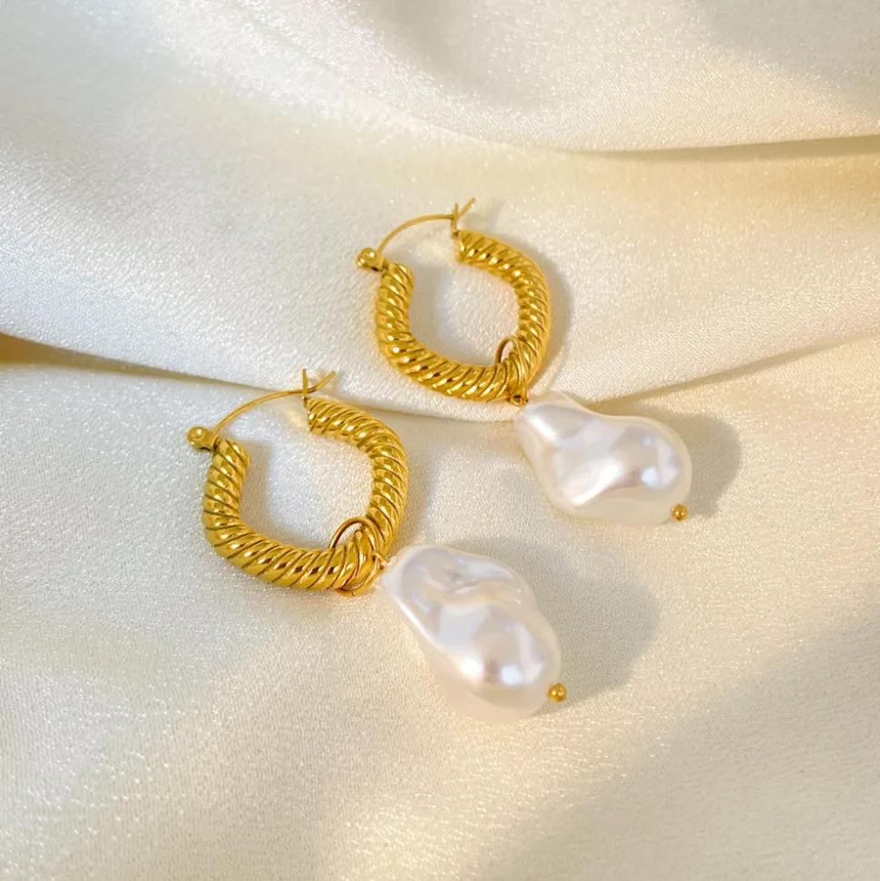 18K Baroque Pearl Hoop Drop Earrings
