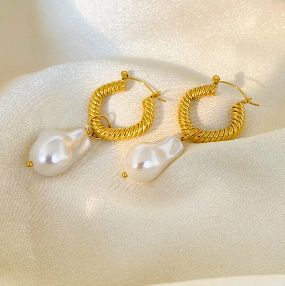 18K Baroque Pearl Hoop Drop Earrings