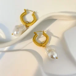 18K Baroque Pearl Hoop Drop Earrings
