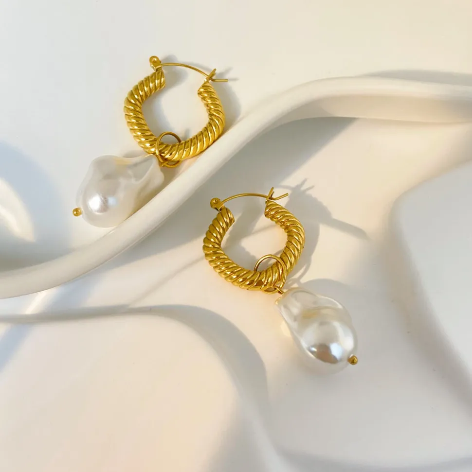 18K Baroque Pearl Hoop Drop Earrings