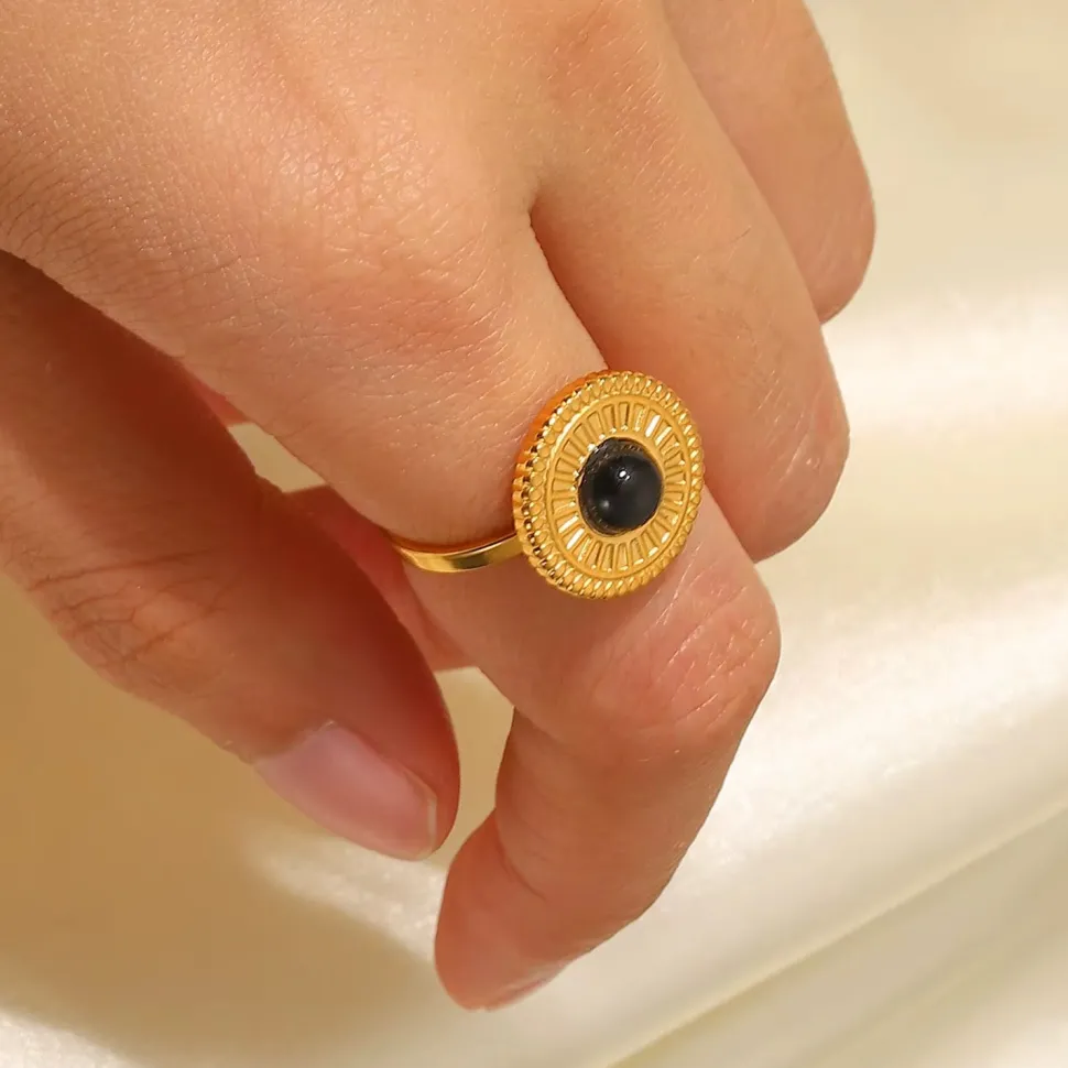 18K Black Semi Precious Stone Open Ring