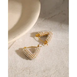 18K Chunky V Shape Mini Pearl Hoops
