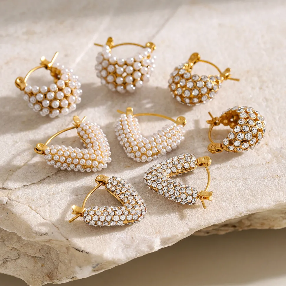 18K Chunky V Shape Mini Pearl Hoops