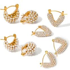 18K Chunky V Shape Mini Pearl Hoops