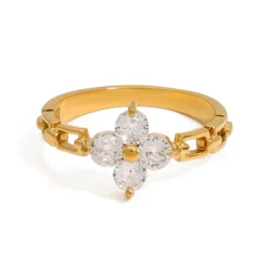 18K Clear CZ Clover Flower Rollie Ring