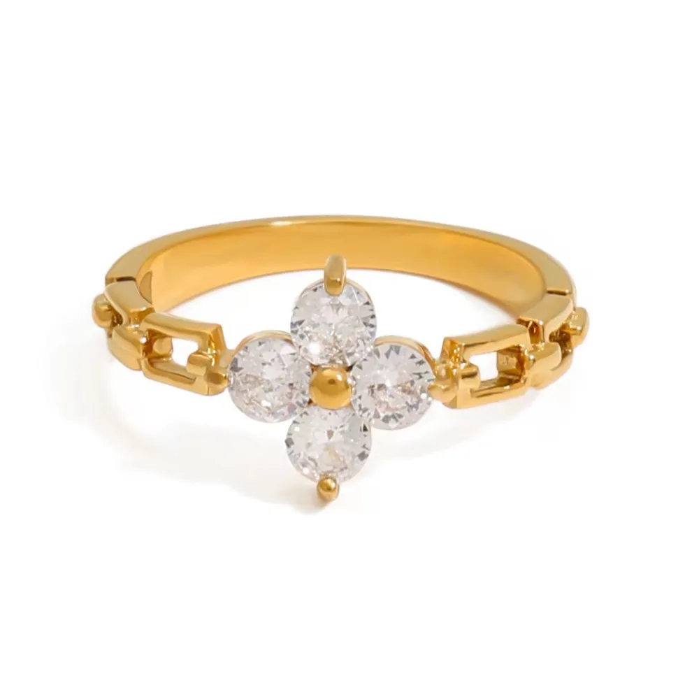 18K Clear CZ Clover Flower Rollie Ring