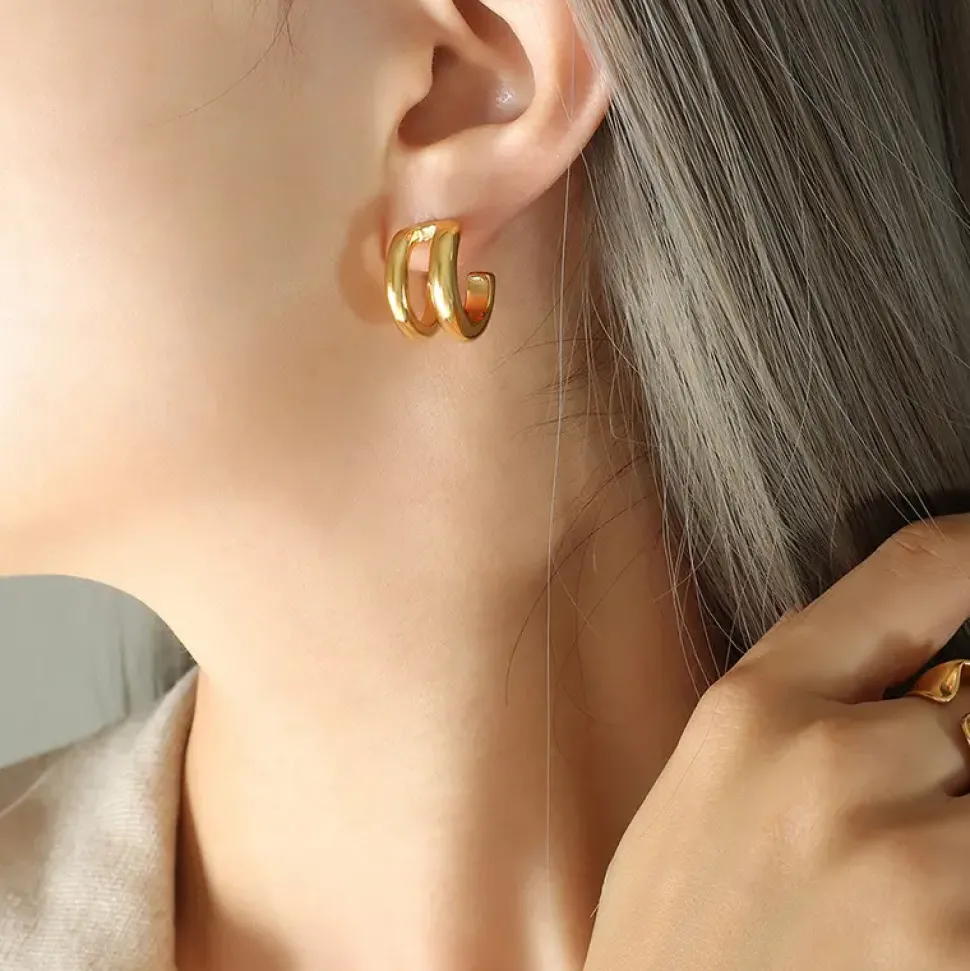 18K Double Layer C Shaped Earrings