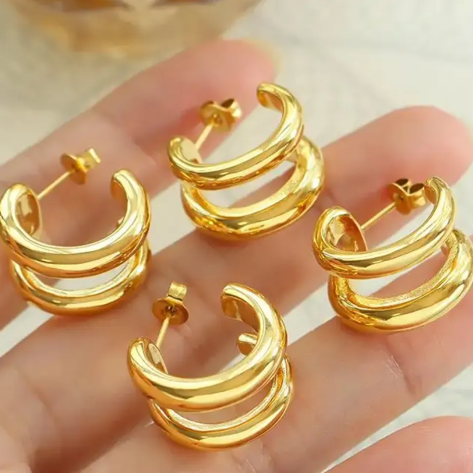 18K Double Layer C Shaped Earrings