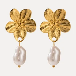 18K Flower Baroque Pearl Drop Earrings