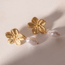 18K Flower Baroque Pearl Drop Earrings