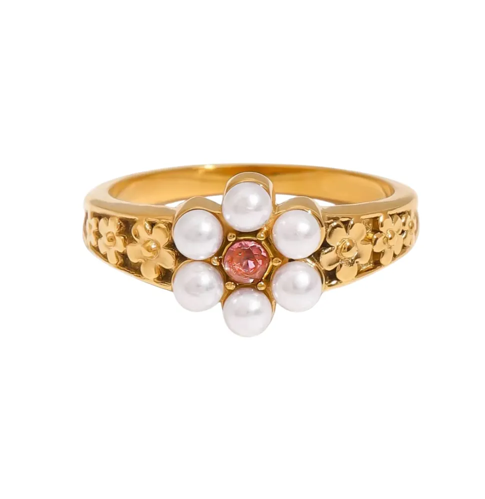 18K Flower Pearl Rollie Ring