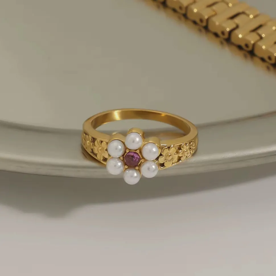18K Flower Pearl Rollie Ring