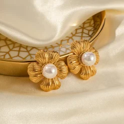 18K Flower Pearl Statement Studs