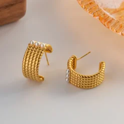 18K French Retro Pearl C-Shaped Vintage Hoop Earrings