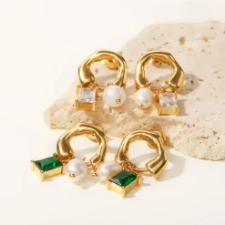 18K French Style Pearl Zircon Stud Earrings