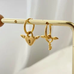 18K Gold Key Heart Drop Earrings
