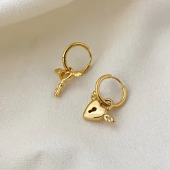 18K Gold Key Heart Drop Earrings