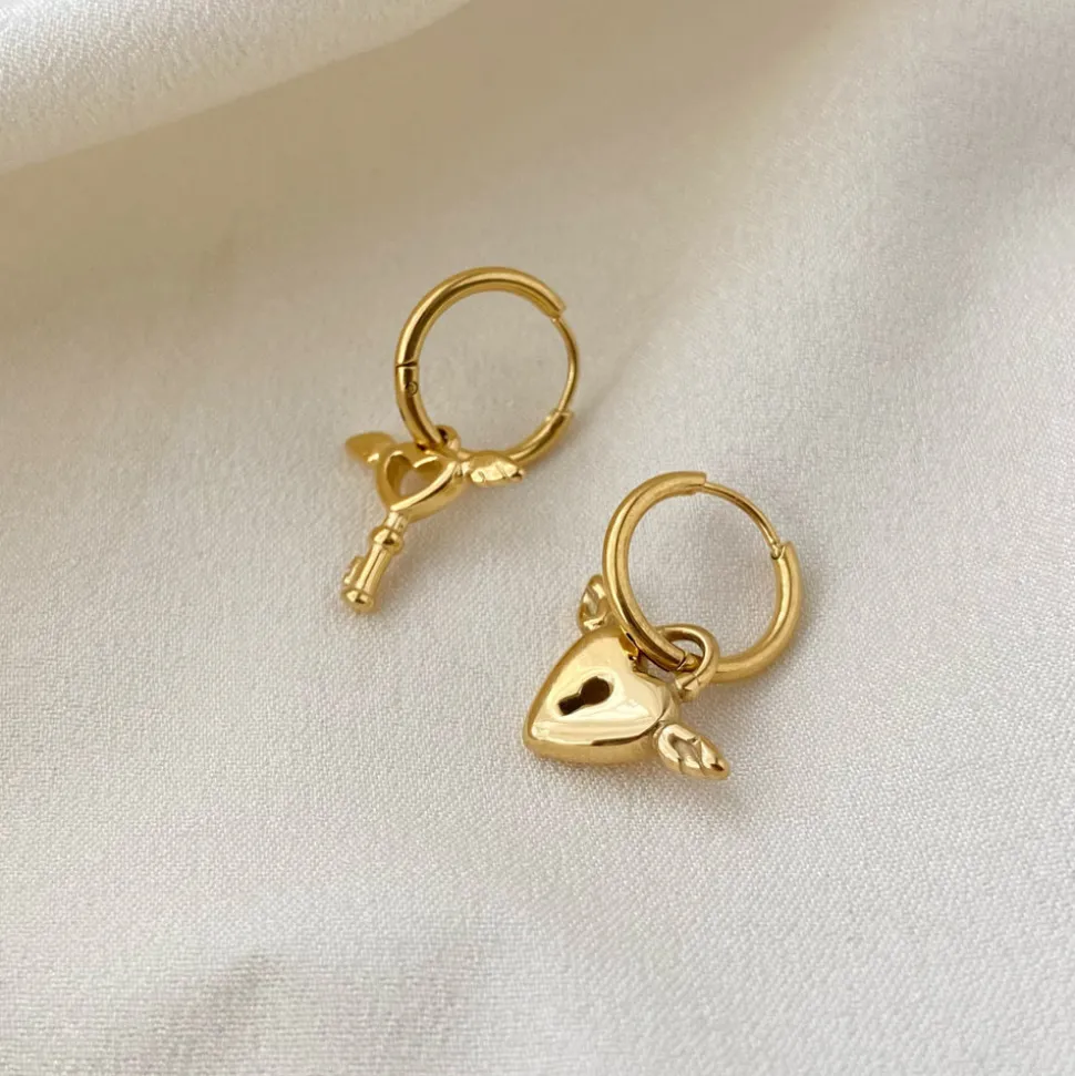 18K Gold Key Heart Drop Earrings