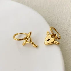 18K Gold Key Heart Drop Earrings