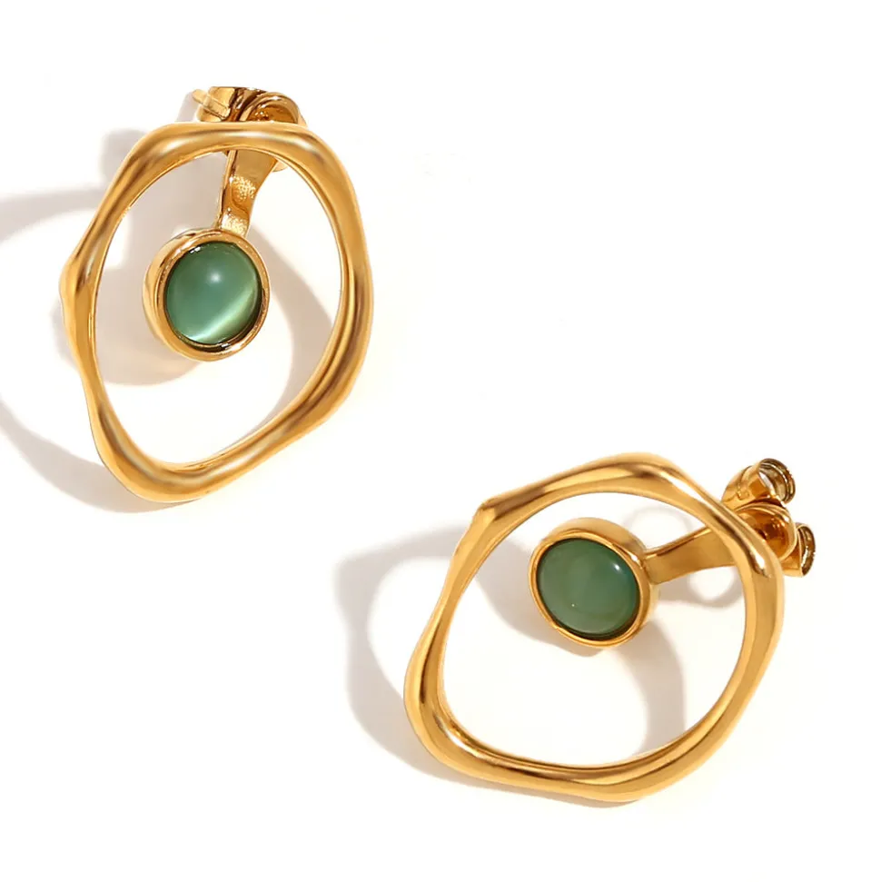 18K Green Opal Round Earrings