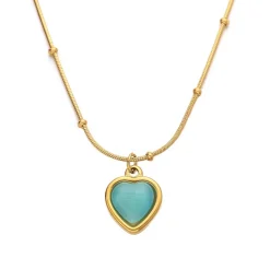 18K Heart Blue Cat’s Eye Stone Necklace