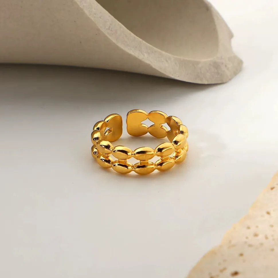 18K Layered Oval Bead Open Ring