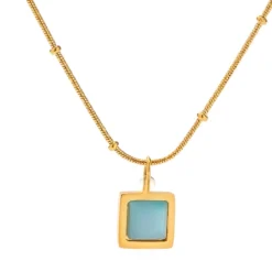 18K Mini Square Blue Cat’s Eye Stone Necklace