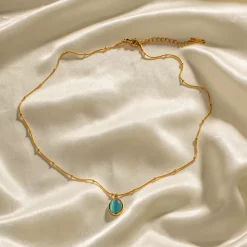18K Oval Blue Cat’s Eye Stone Necklace