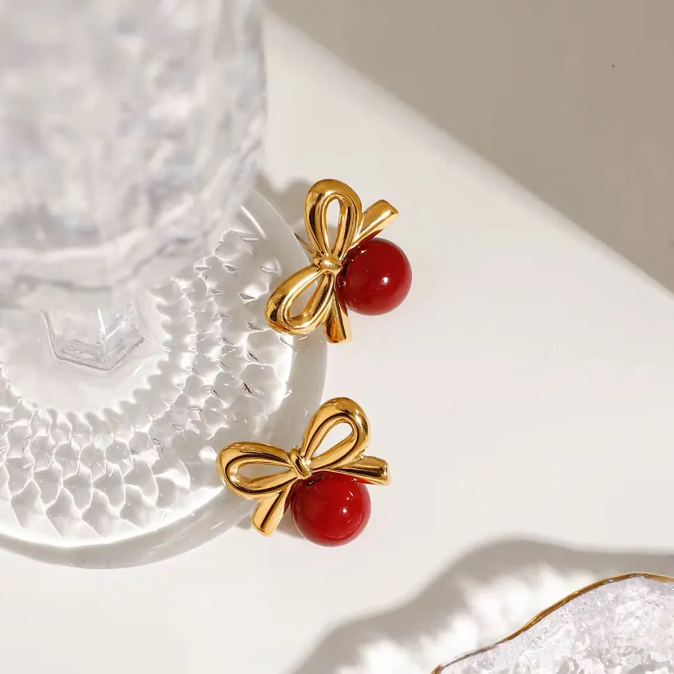 18K Red Ball Bow Earrings