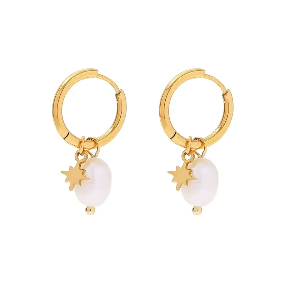 18K Star Charm Fresh Water Pearl Drop Earrings