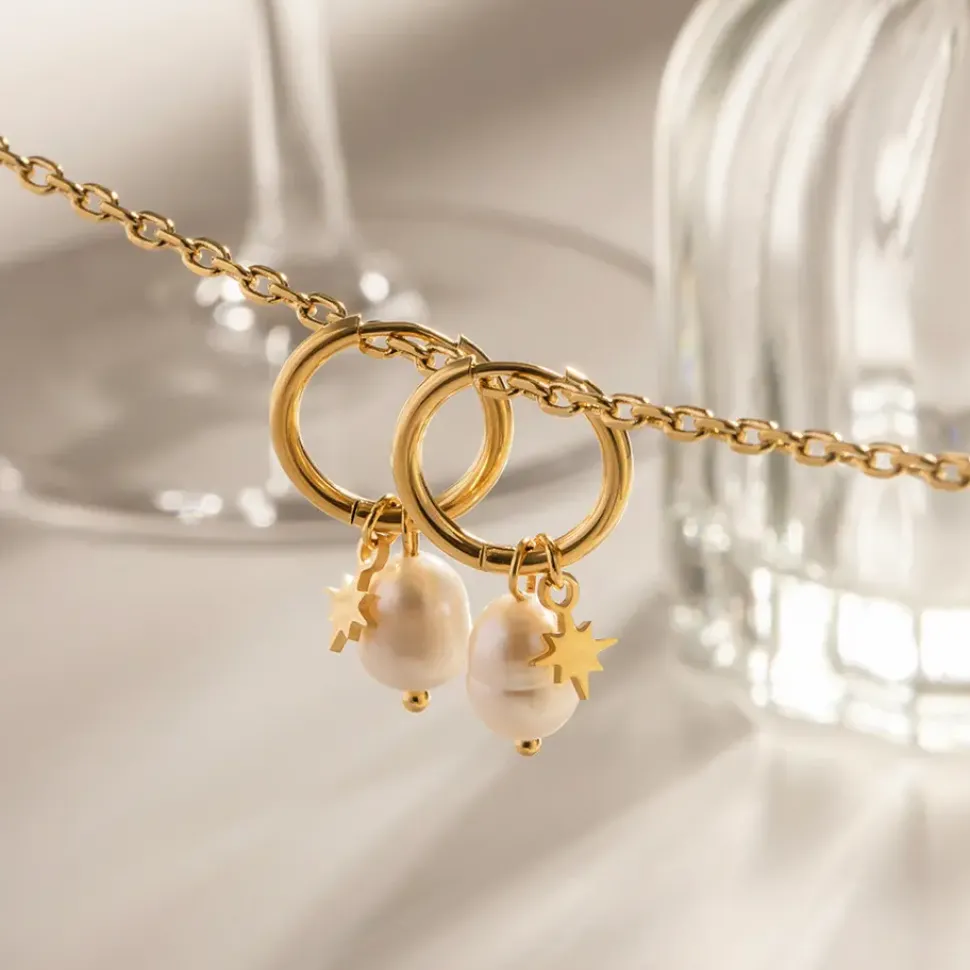 18K Star Charm Fresh Water Pearl Drop Earrings