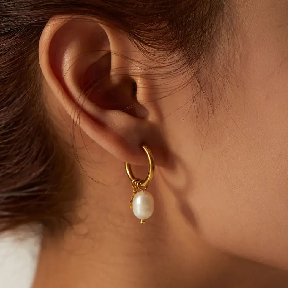 18K Star Charm Fresh Water Pearl Drop Earrings