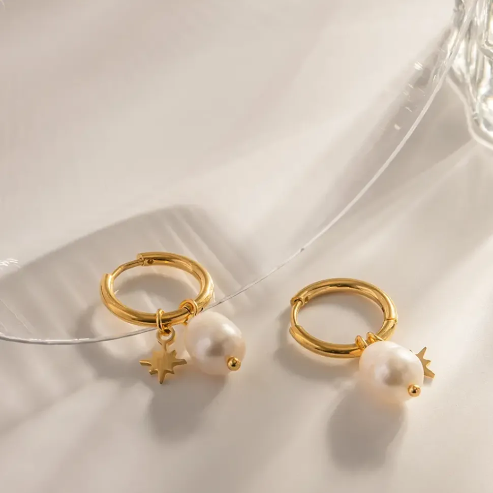 18K Star Charm Fresh Water Pearl Drop Earrings