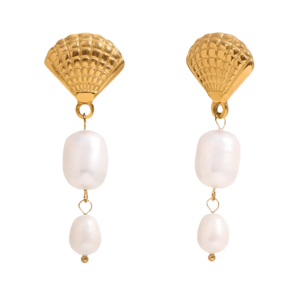 Shell Double Fresh Water Pearl Drops in 18K Gold-Plating