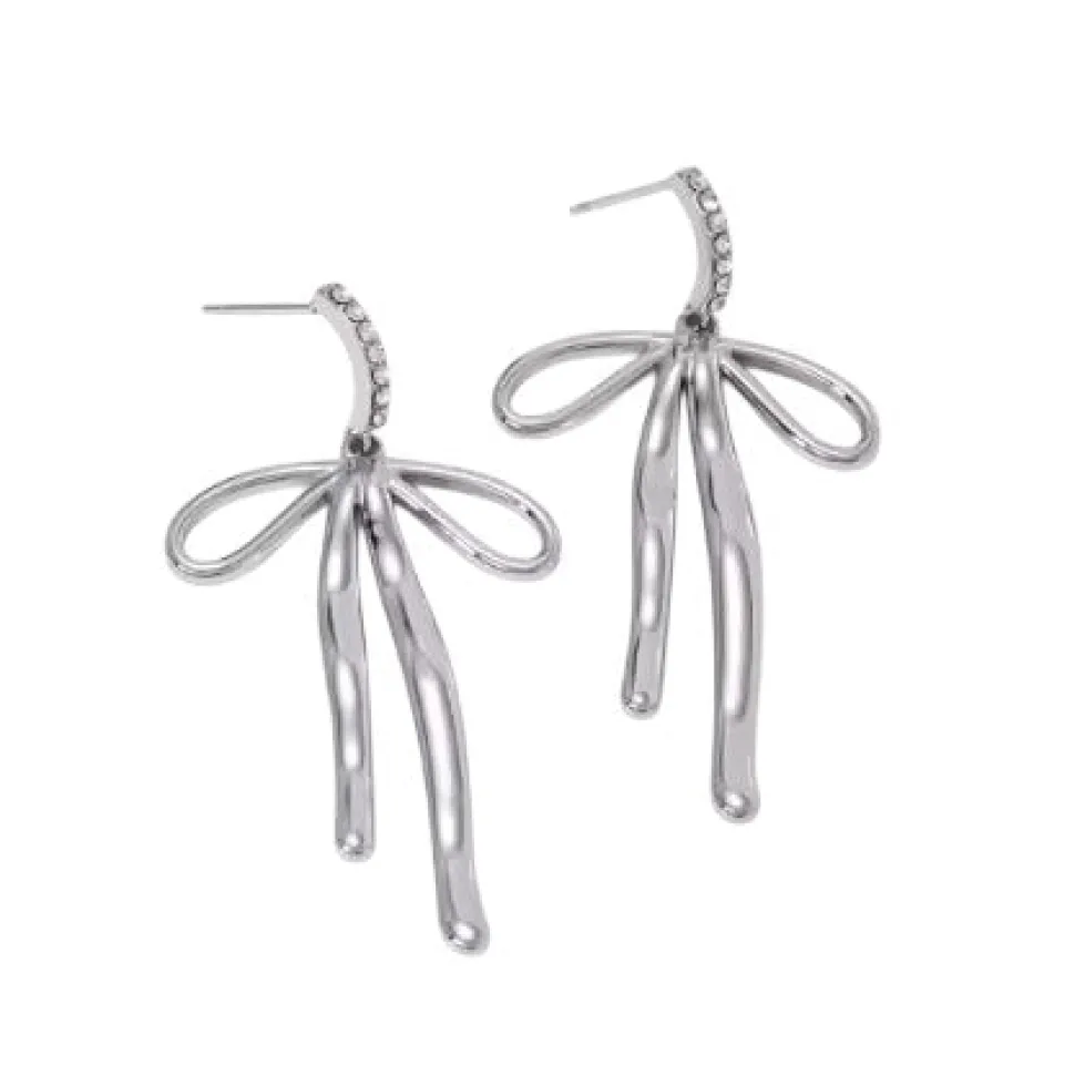 Silver Bow Drop Statement Earrings