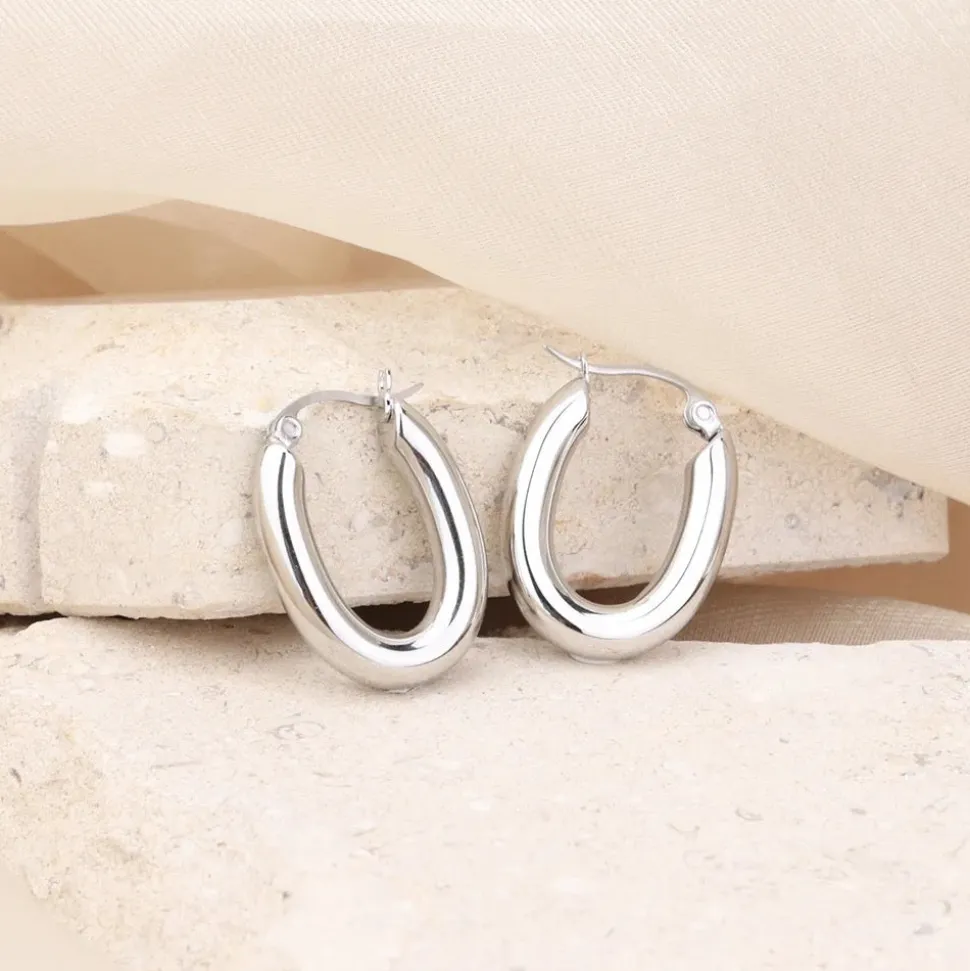 Silver Chunky Oblong Medium Hoops