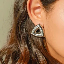 Silver Hollow Triangle Statement Earrings
