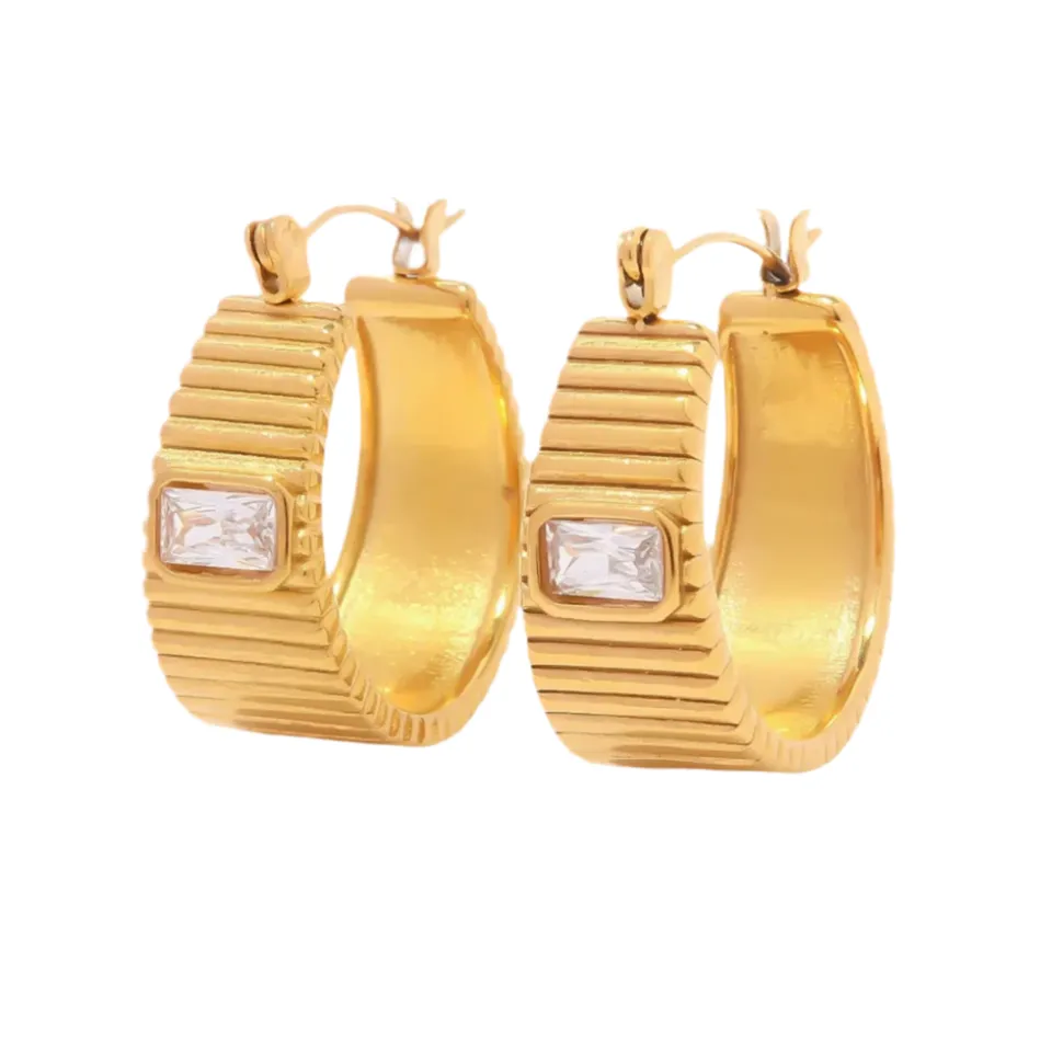Striped Medium Hoops in 18K Gold-Plating with Cubic Zirconia