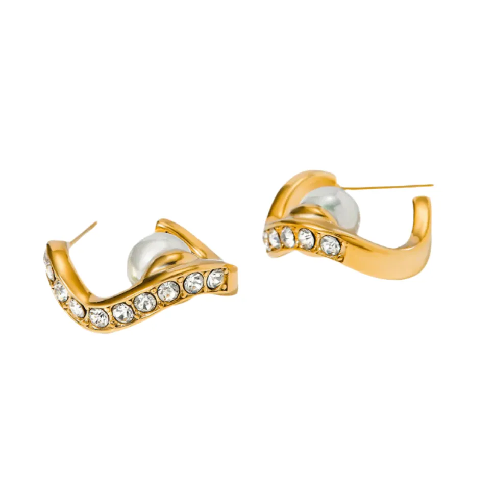 Wavy Pearl Hoops in 18K Gold-Plating with Cubic Zirconia